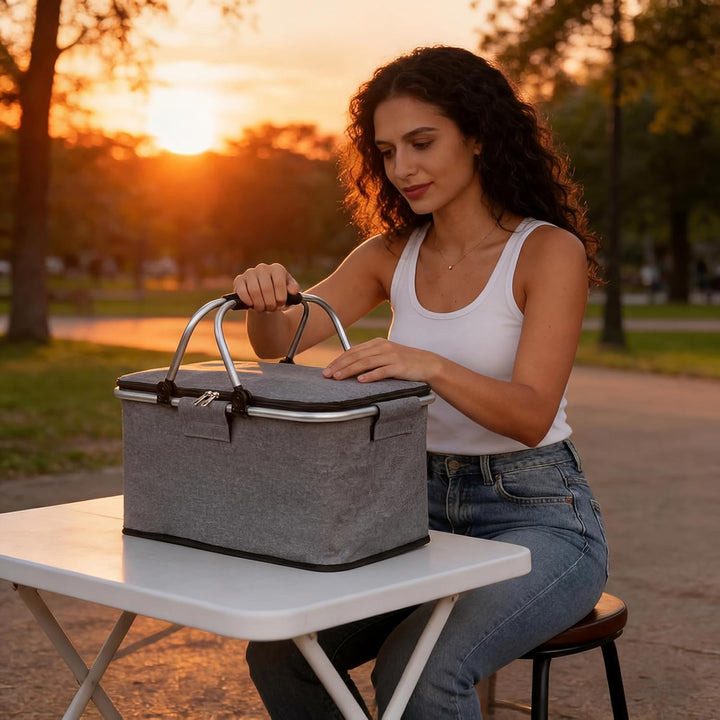 Einkaufskorb Faltbar mit Kühlfunktion Kühltasche Thermokorb mit Deckel Picknickkorb mit Aluminiumrah