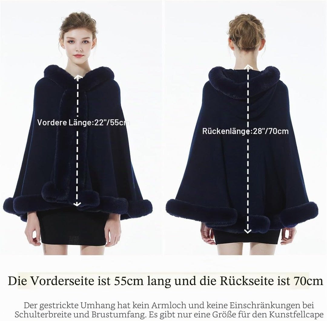 BEAUTELICATE Damen Kunstpelz Strick Poncho Cape mit Kapuze Warm Umhang Cardigan Stola Brautjacke für