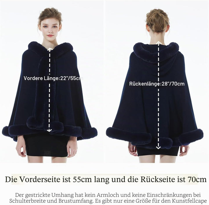 BEAUTELICATE Damen Kunstpelz Strick Poncho Cape mit Kapuze Warm Umhang Cardigan Stola Brautjacke für