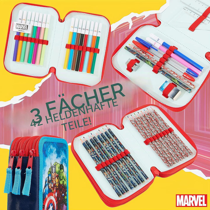 Marvel Federmäppchen für Jungen, Federmäppchen, Fächer, gefüllt, für Schule, Filz, Buntstift, Gesche