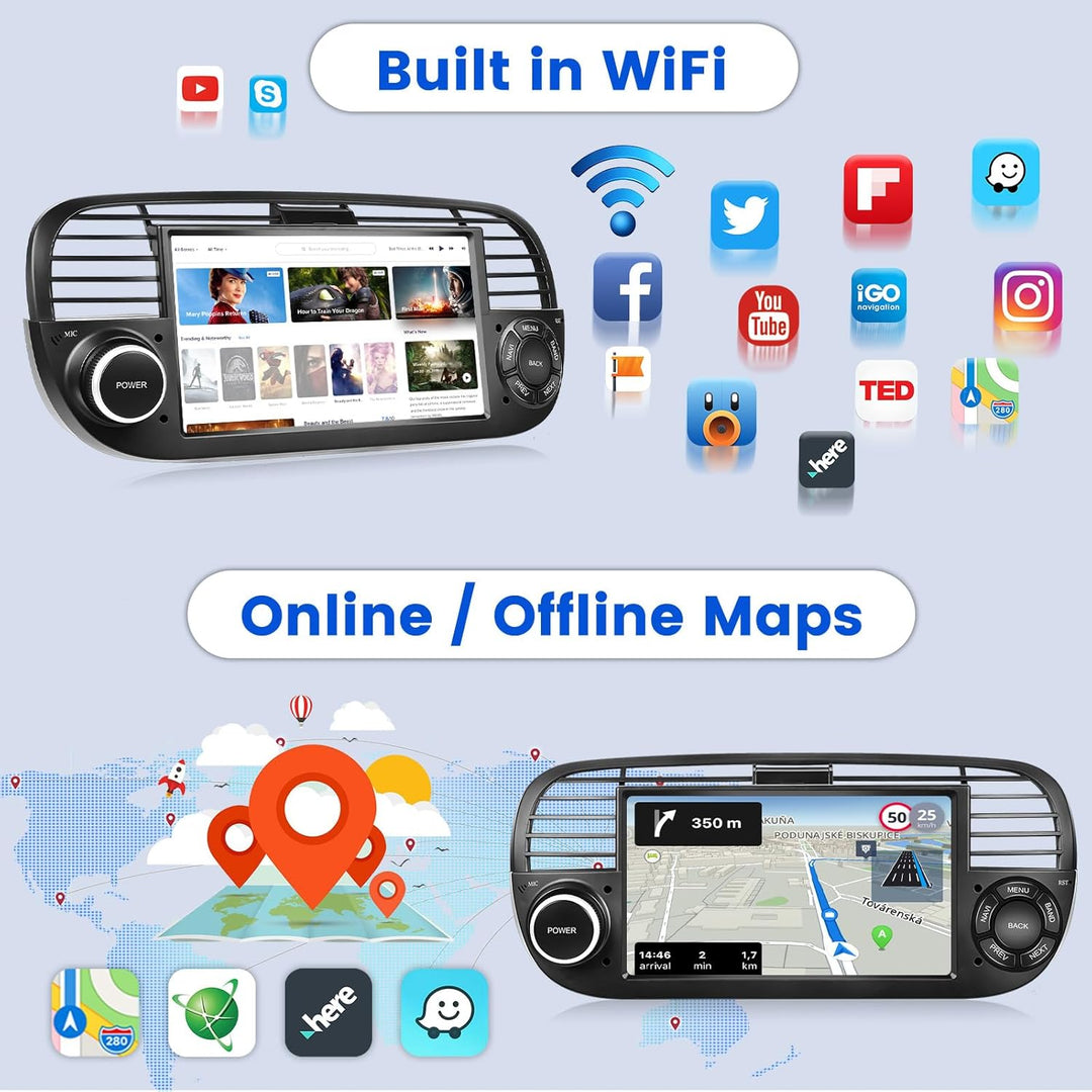 Hikity Android Autoradio mit Navi für FIAT 500 2007-2015 Bluetooth Autoradio mit Bildschirm 7 Zoll T