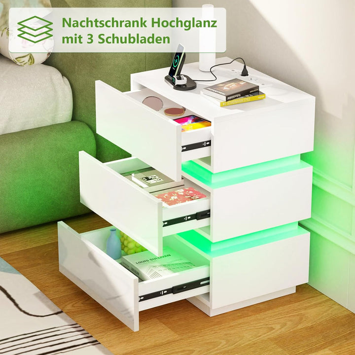 PIPIPOXER LED Nachttisch 2er Set mit Steckdose & USB, Nachttisch Weiss Hochglanz mit 3 Schubladen, N