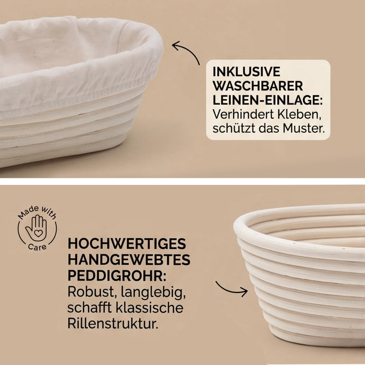 DARDVORLAG Gärkörbchen Oval 25cm mit Leinenbezug – Banneton aus 100% Rattan,Gärkorb für Sauerteigbro