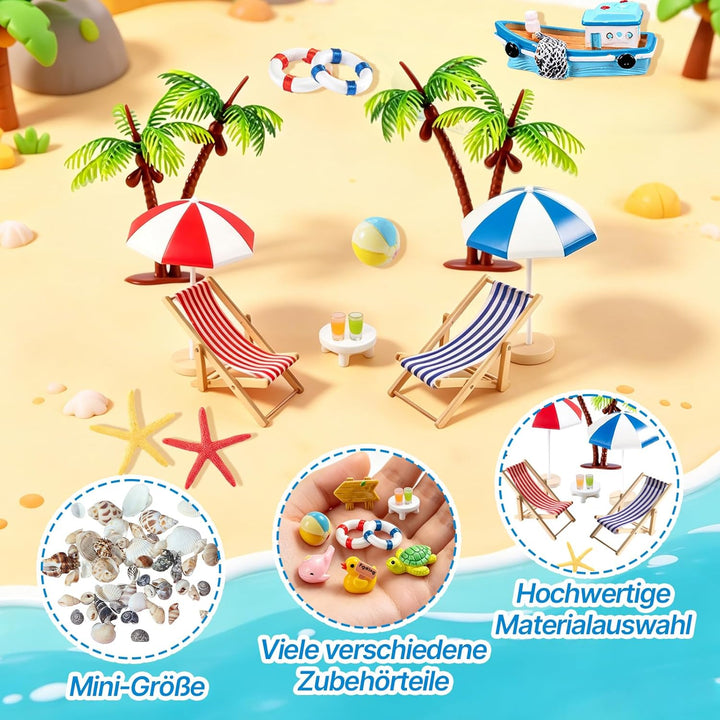 24 Stück Mini Strand Deko Set, Miniatur Deko Miniatur Strandlandschaft Zubehör mit Palme, Liegestuhl