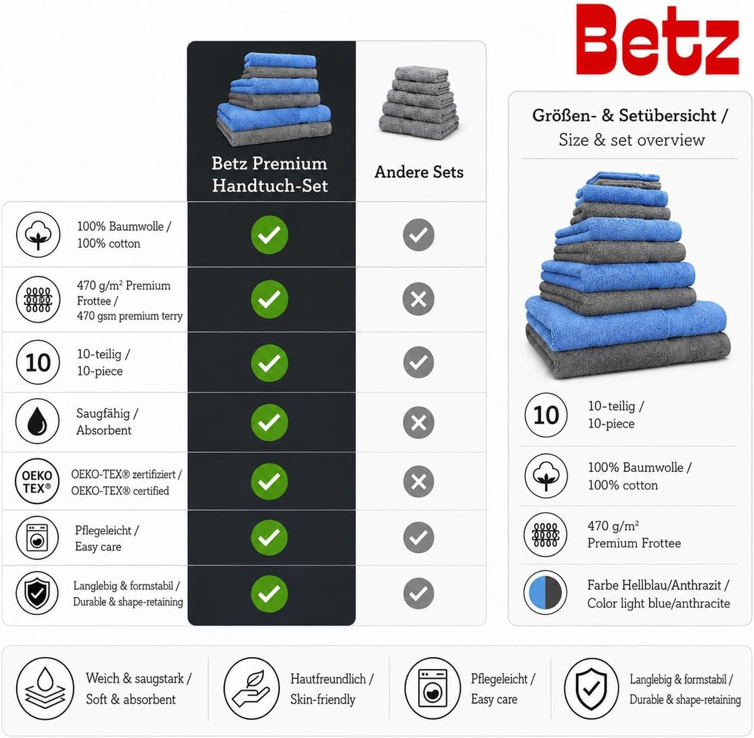 Betz 10-TLG. Handtuch-Set Premium 100% Baumwolle 2 Duschtücher 4 Handtücher 2 Gästetücher 2 Waschhan