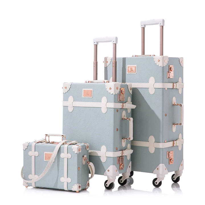 Unitravel Vintage Kofferset 3 Teilig, Retro PU-Leder Reisekoffer mit Kosmetikkoffer für Damen, Geprä