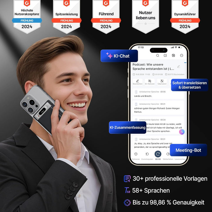 KI-Sprachrecorder, Notta Memo Digitales Diktiergerät mit Etui, KI-Transkription & Zusammenfassung in