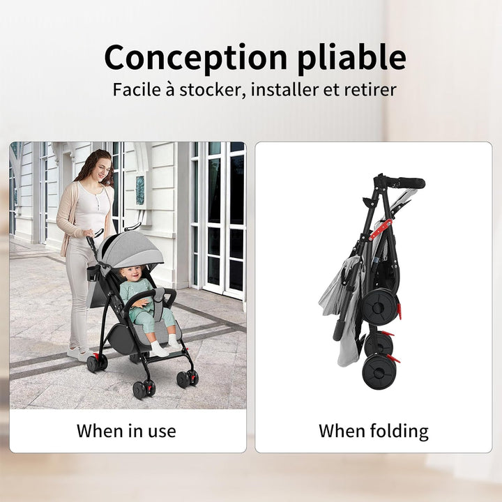 Kompakter Kinderwagen, 0 – 36 Monate, faltbar, mit Aufbewahrungskorb, Rückenlehne, neigbare Rückenle