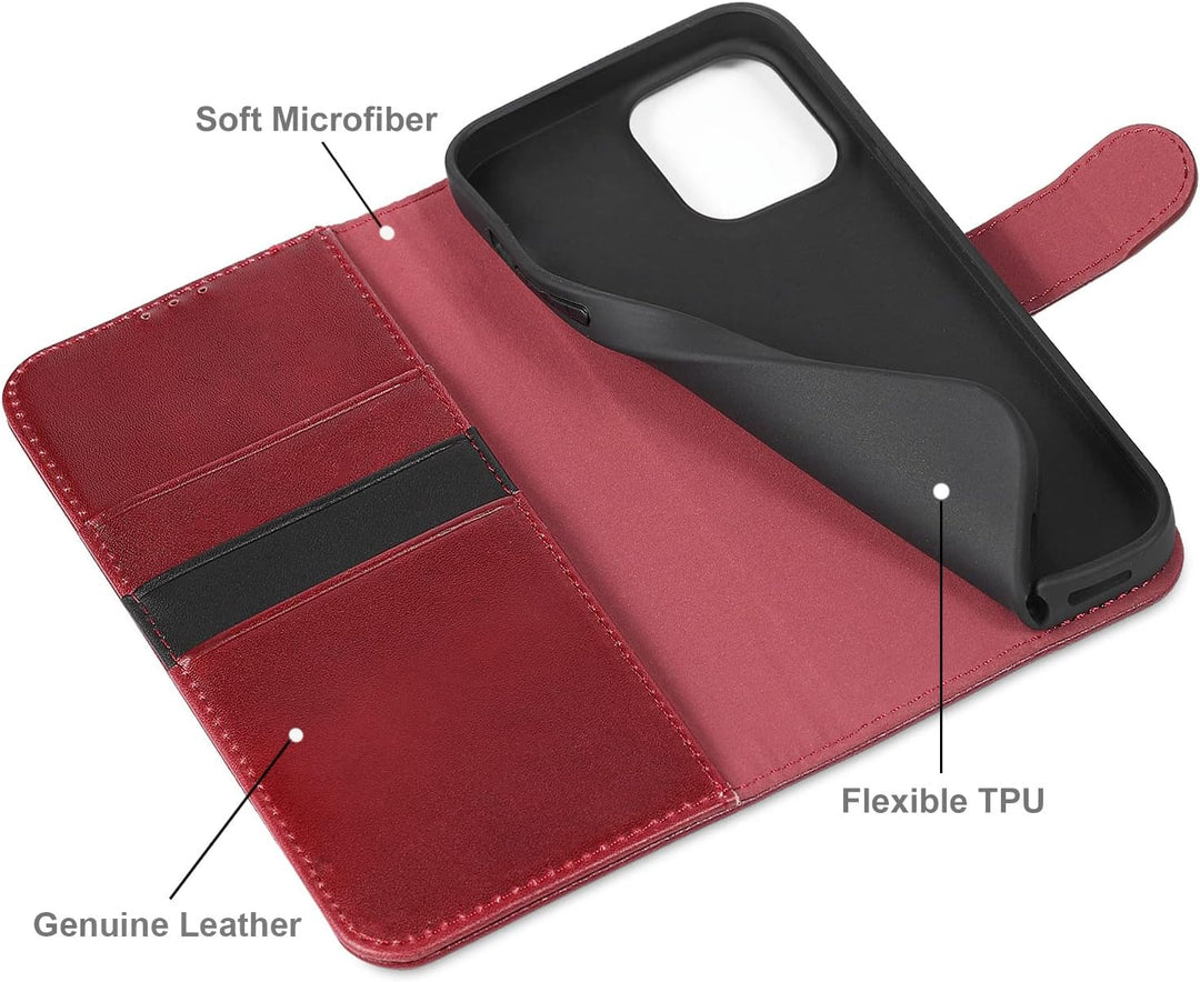 LENSUN Echtleder Hülle für iPhone 13 Pro, Handyhülle Flip Cover [Echtes Leder][Kartenfach][RFID Schu