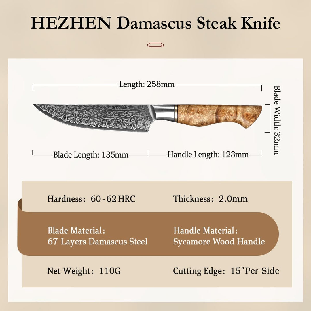 HEZHEN 6PCS Damaskus-Steakmesser Küchenmesser-Set Professionelles geschmiedetes mit hohem Kohlenstof