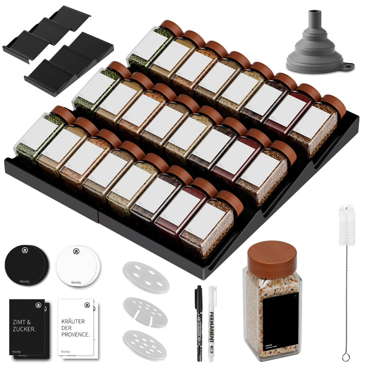 Miorkly Gewürzgläser Eckig Holzdeckel mit Regal [24 x 120ml] - Gewürzregal mit Gewürzdosen Set [Pass
