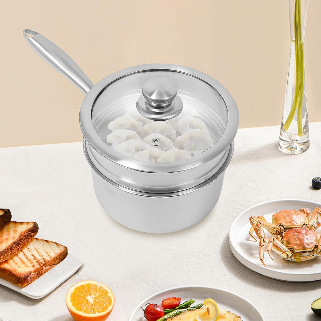 Edelstahl Dampftopf, 2-Ebenen-Mehrzweck-Dampfkochtopf mit Dämpfkorb, Deckel, 2L Dampfkocher für klei