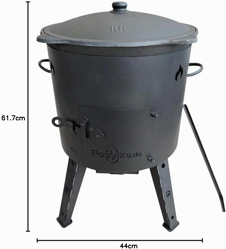 Utschak Feuerofen mit Gusseisen Topf flacher Boden mit Deckel 16 L Ø 44 cm Kazan Holzlöffel, Schauml