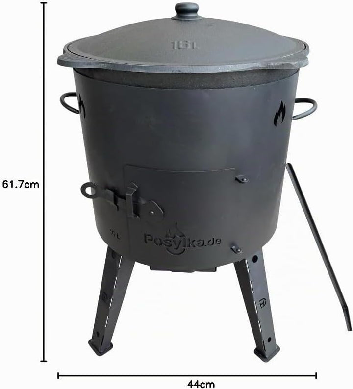 Utschak Feuerofen mit Gusseisen Topf flacher Boden mit Deckel 16 L Ø 44 cm Kazan Holzlöffel, Schauml