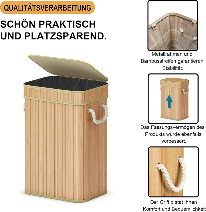 AdelDream 72L Wäschekorb aus Bambus Wäschebehälter mit Deckel Karbonisiert Waschbox Wäschetrennsyste