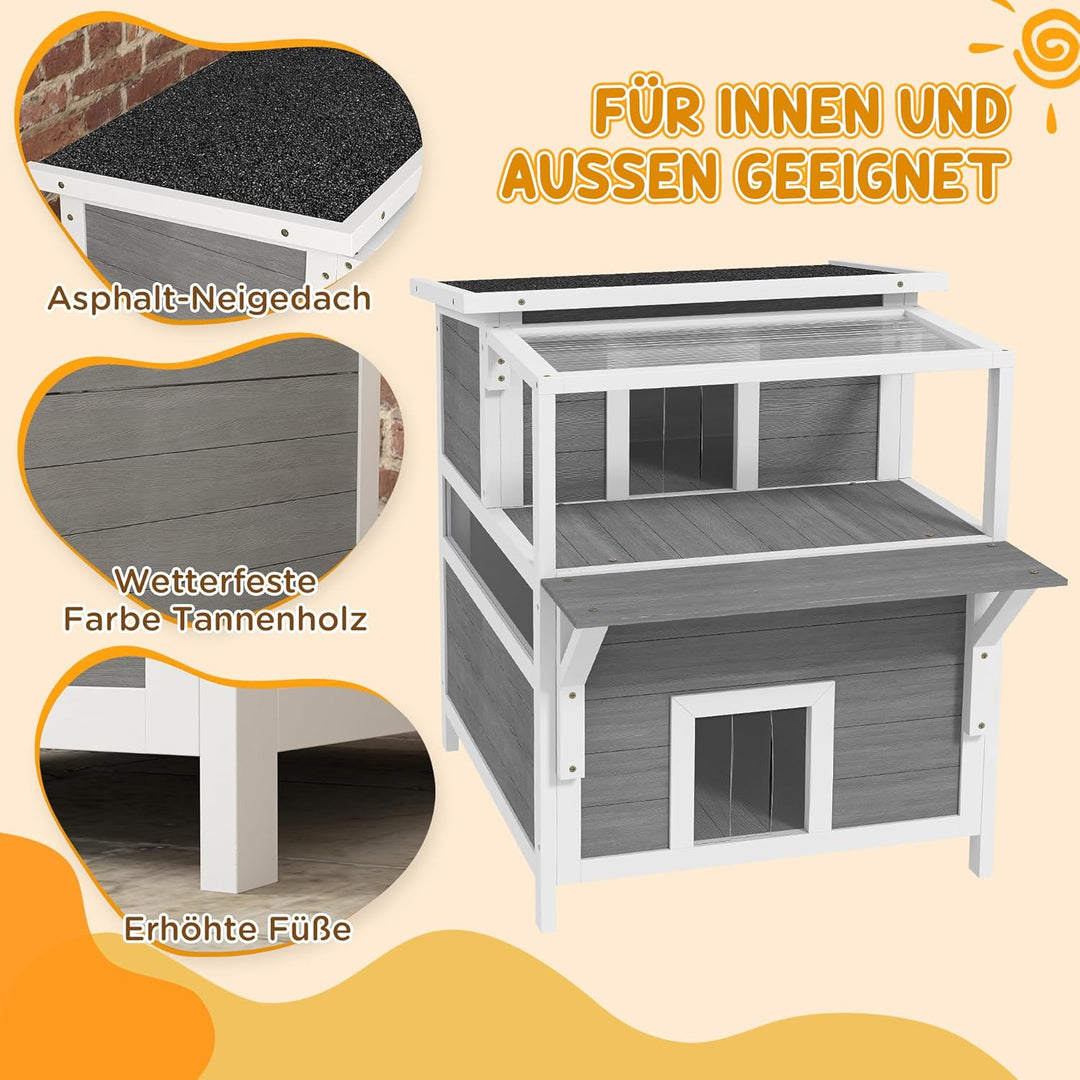 PawHut Katzenhaus aus Holz 2-Etagen Katzenhöhle für Draussen, Katzenhütte mit Aufklappbar Asphaltdac