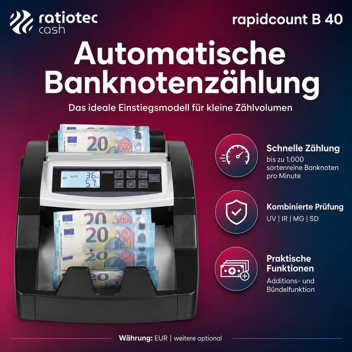ratiotec 00046660 rapidcount B 40 Banknotenzählmaschine mit IR, UV und MG Prüfung