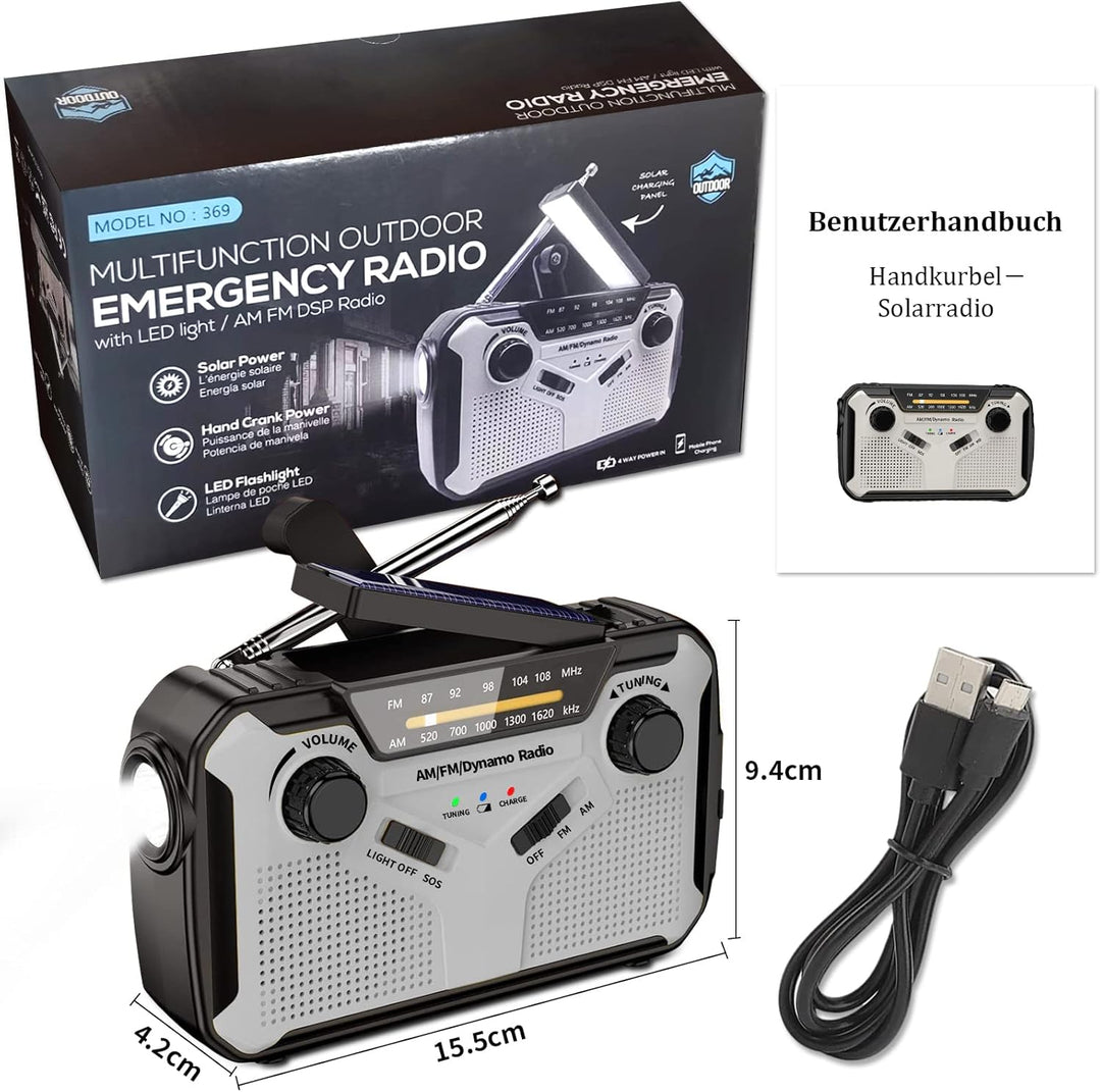 Solar Radio, AM/FM Tragbar Kurbelradio Dynamo Notfallradio mit 4000mAh Wiederaufladbare Batterie, Le