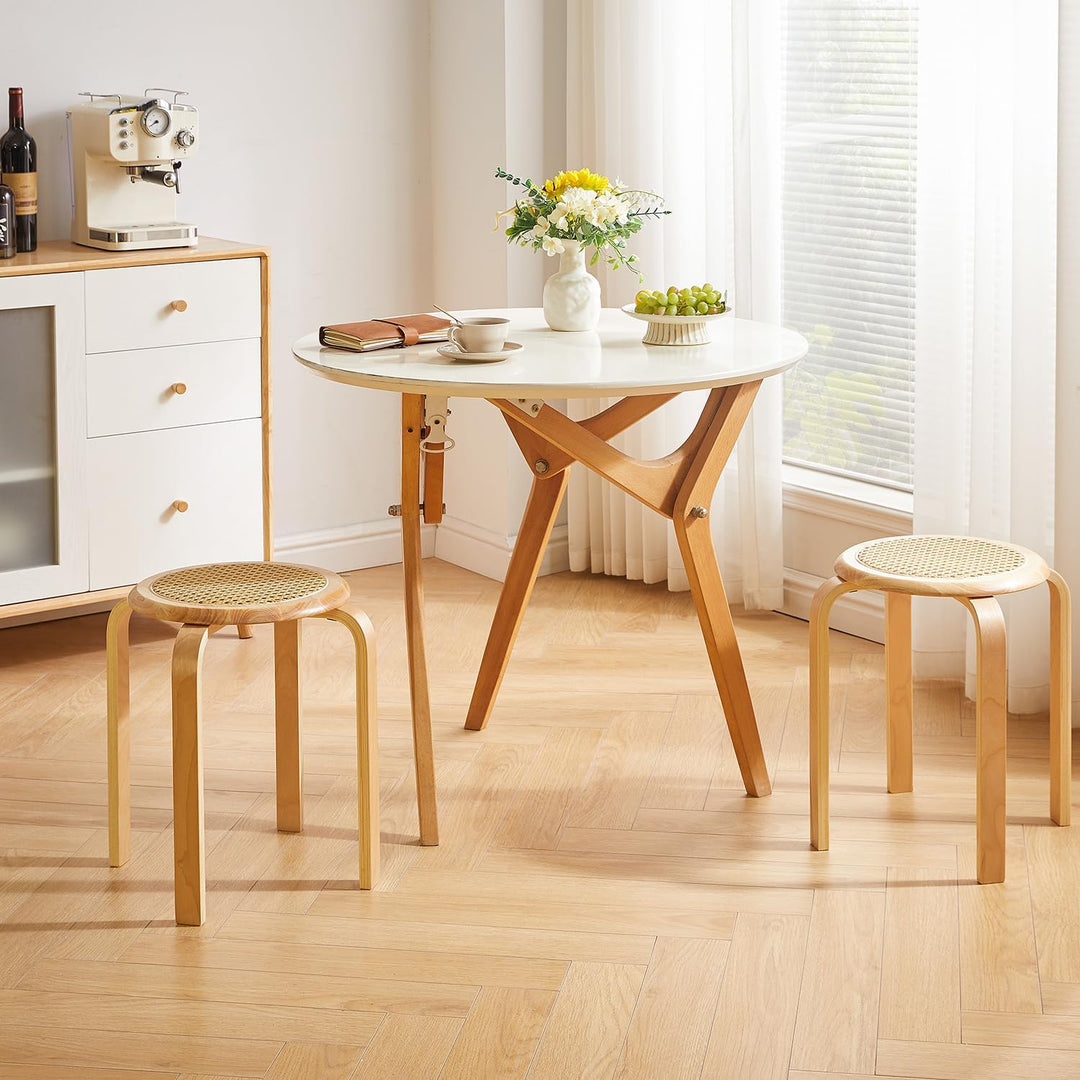 IBUYKE Oberfläche des Rattanstuhls 4er Set Esszimmerhocker, Holzstapelstuhl mit Rutschfester Matte,