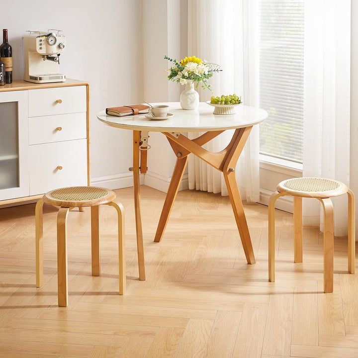 IBUYKE Oberfläche des Rattanstuhls 4er Set Esszimmerhocker, Holzstapelstuhl mit Rutschfester Matte,