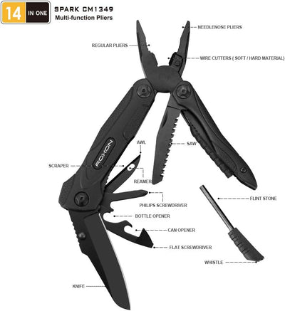 ROXON CM1349 Spark Multitool-Zange, 14-in-1 Multifunktionswerkzeuge, Klappzange, Mehrzweck-Outdoor-Ü