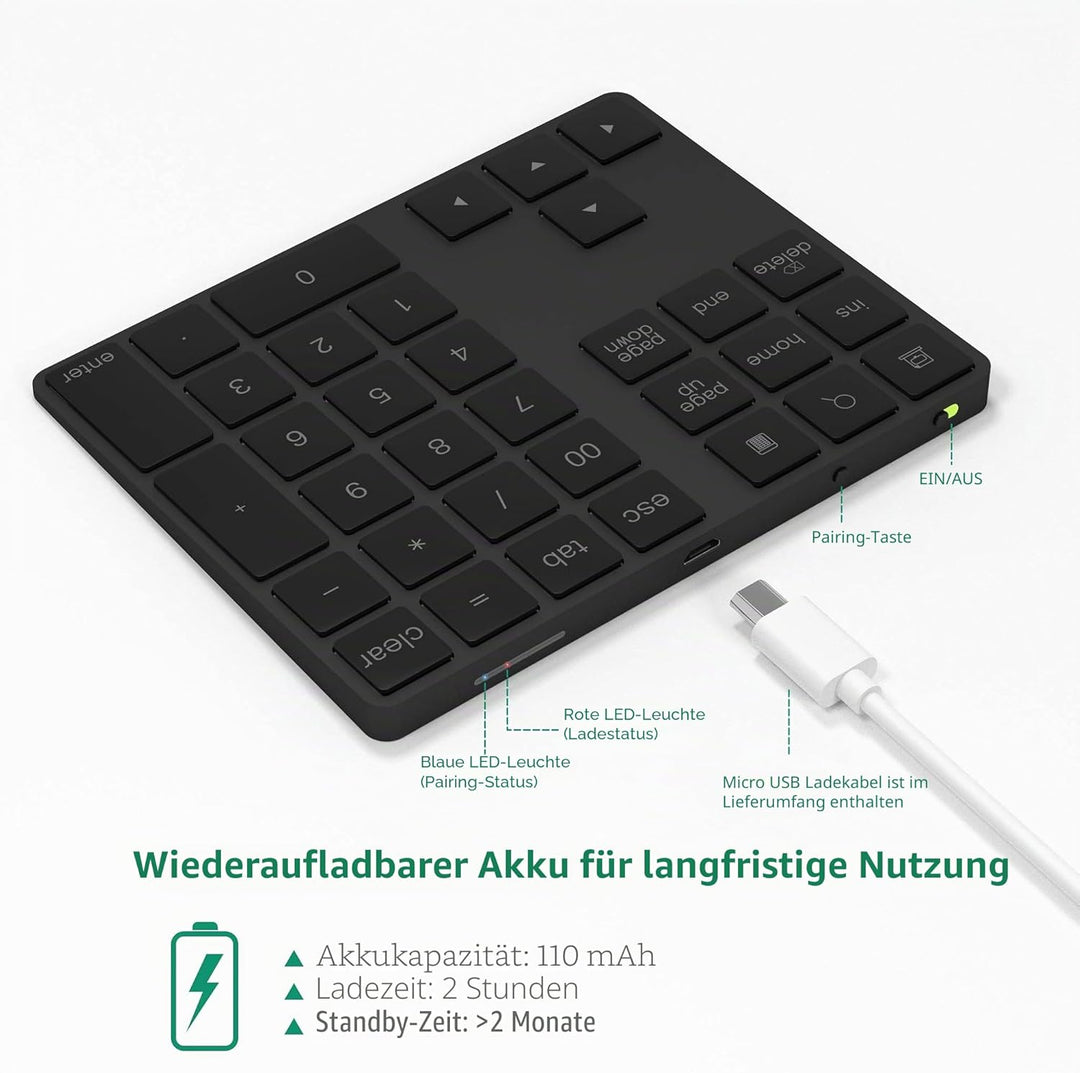 Bluetooth Ziffernblock 34-Tasten kabellos Bluetooth Numpad wiederaufladbar Tastatur Numerische Tasta