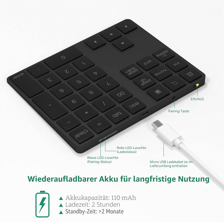 Bluetooth Ziffernblock 34-Tasten kabellos Bluetooth Numpad wiederaufladbar Tastatur Numerische Tasta