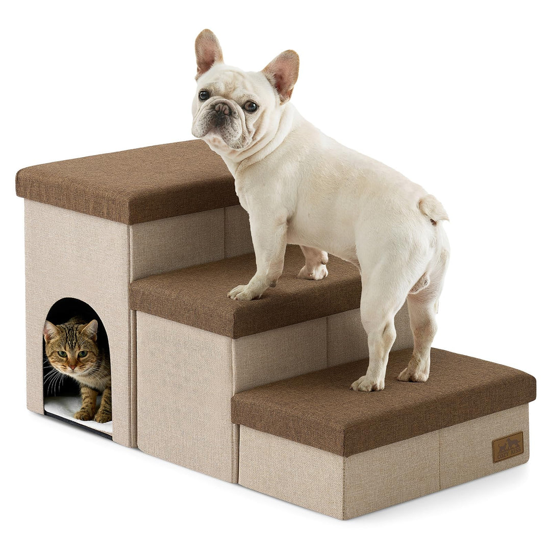 Hundetreppe für Kleine Hunde mit Stauraum und Katzenöffnung, Breite Haustiertreppe Faltbare für Bett