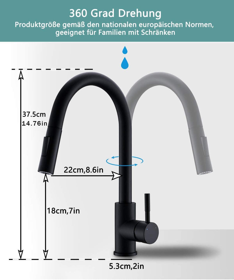 TIMACO Schwarz Küchenarmatur mit Ausziehbare Brause Wasserhahn Küche 360° Schwenkbar Mischbatterien