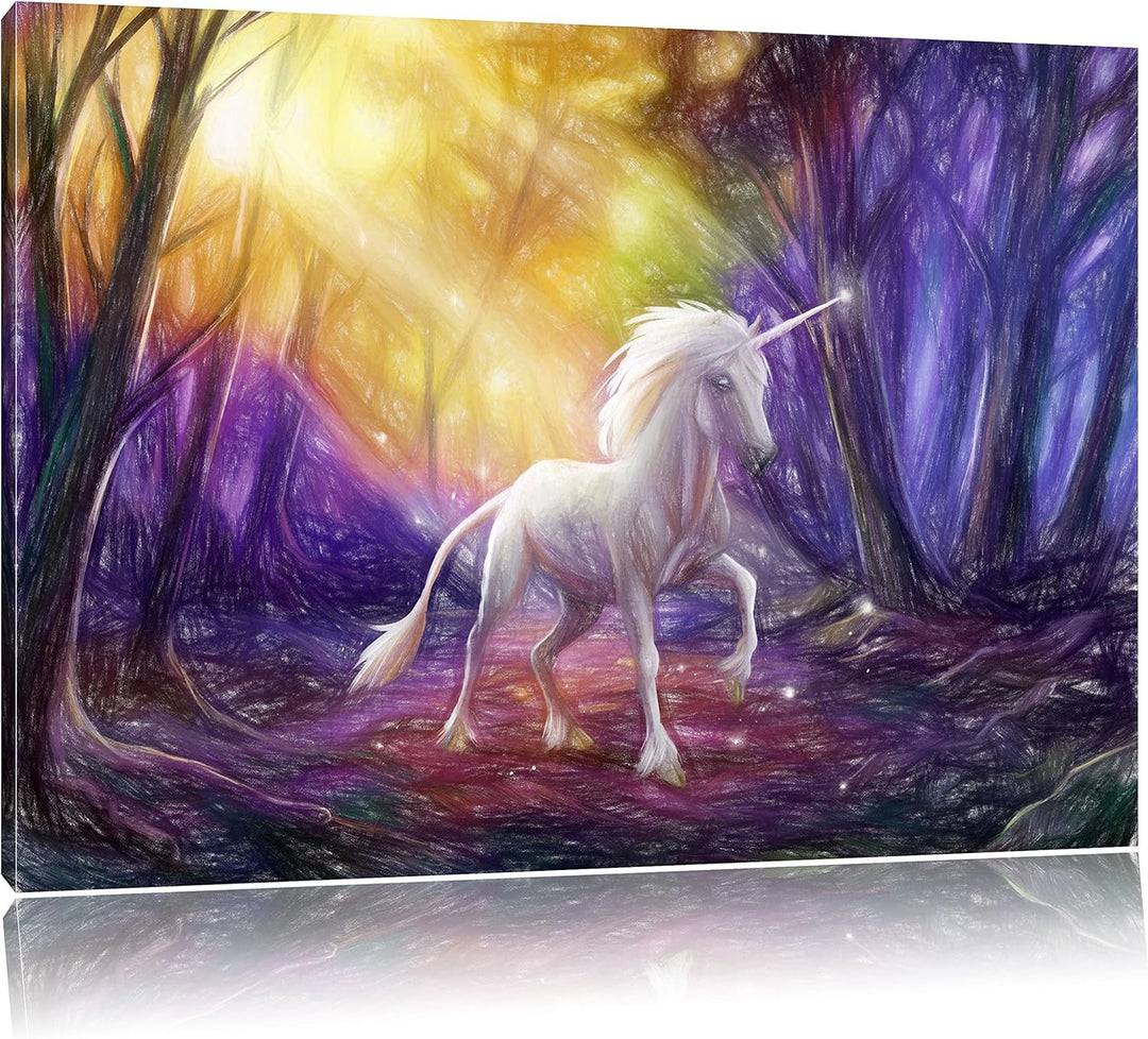 Pixxprint Einhorn im Märchenwald als Leinwandbild/Grösse: 100x70 cm/Wandbild/Kunstdruck/fertig bespa