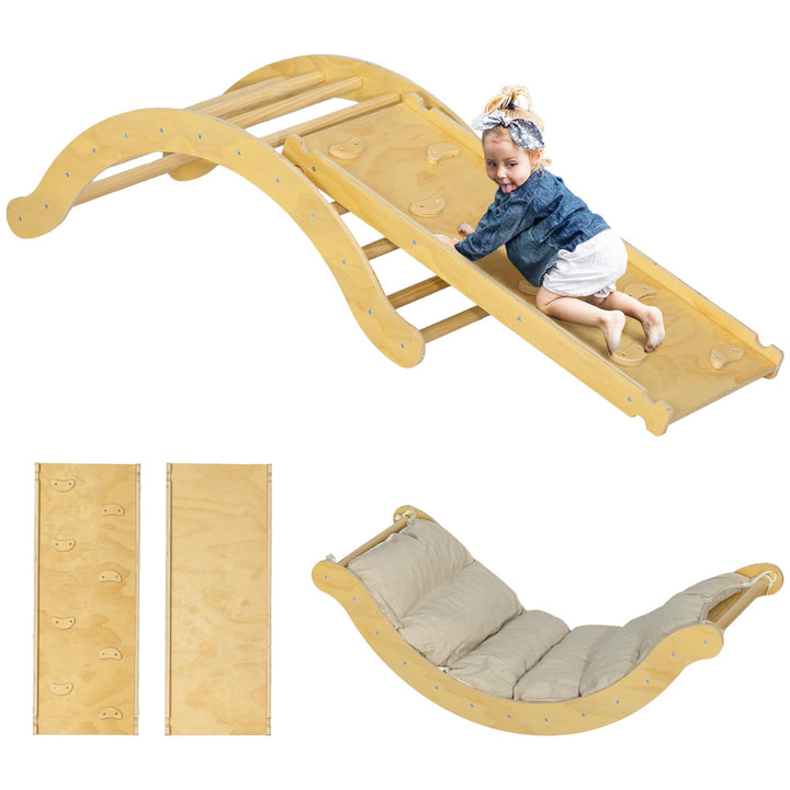 AIYAPLAY 4-in-1 Montessori Klettergerüst Indoor Holz Kletterdreieck mit Kletterbogen, Rutsche & Matt