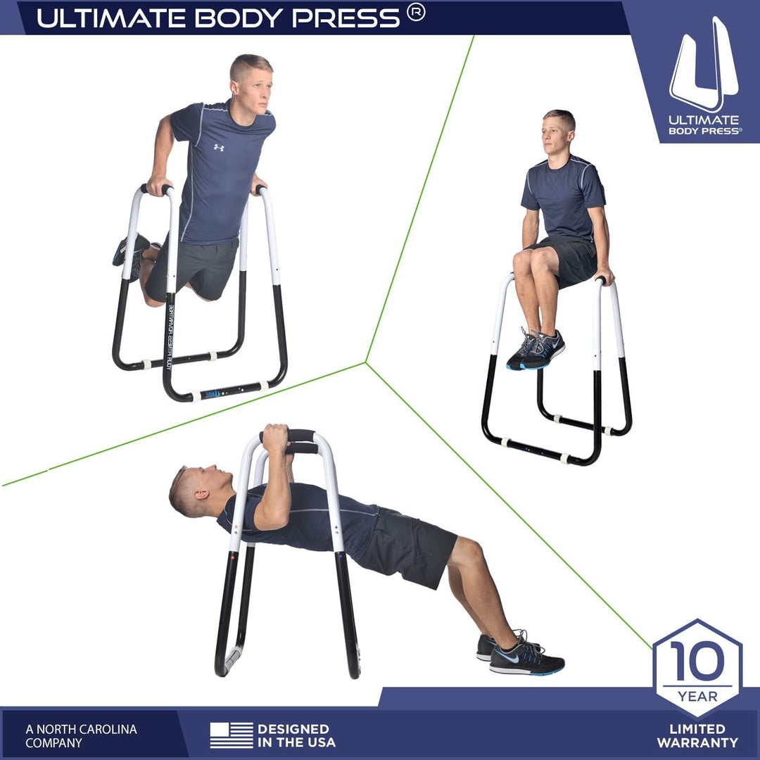 Ultimate Body Press Dip Bar Fitnessstation: Breitenverstellbarer, klappbarer Dip-Stand mit schrägen