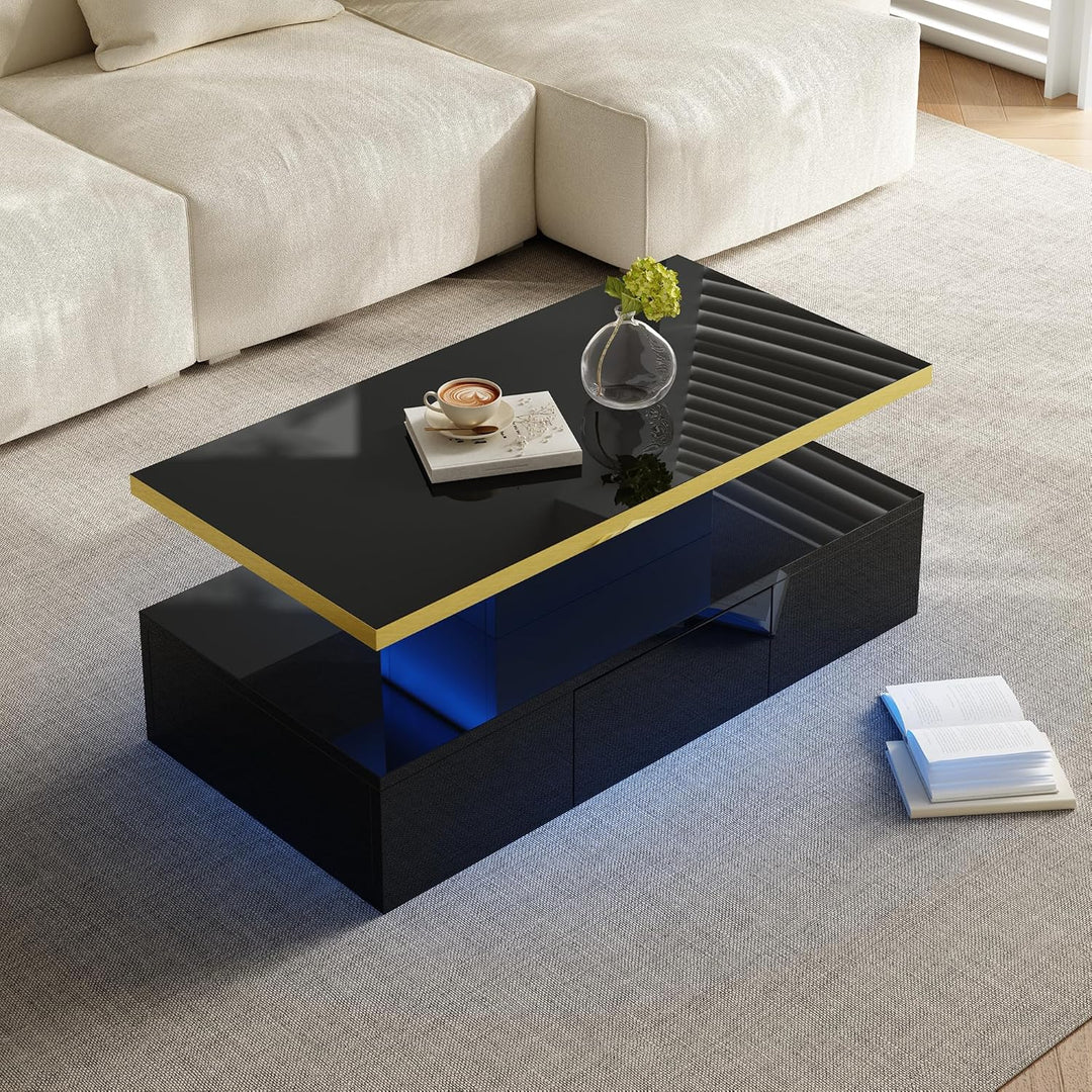 Merax Moderner LED Couchtisch, Wohnzimmertisch mit Schubladen, Beistelltisch mit Offener Stauraum un
