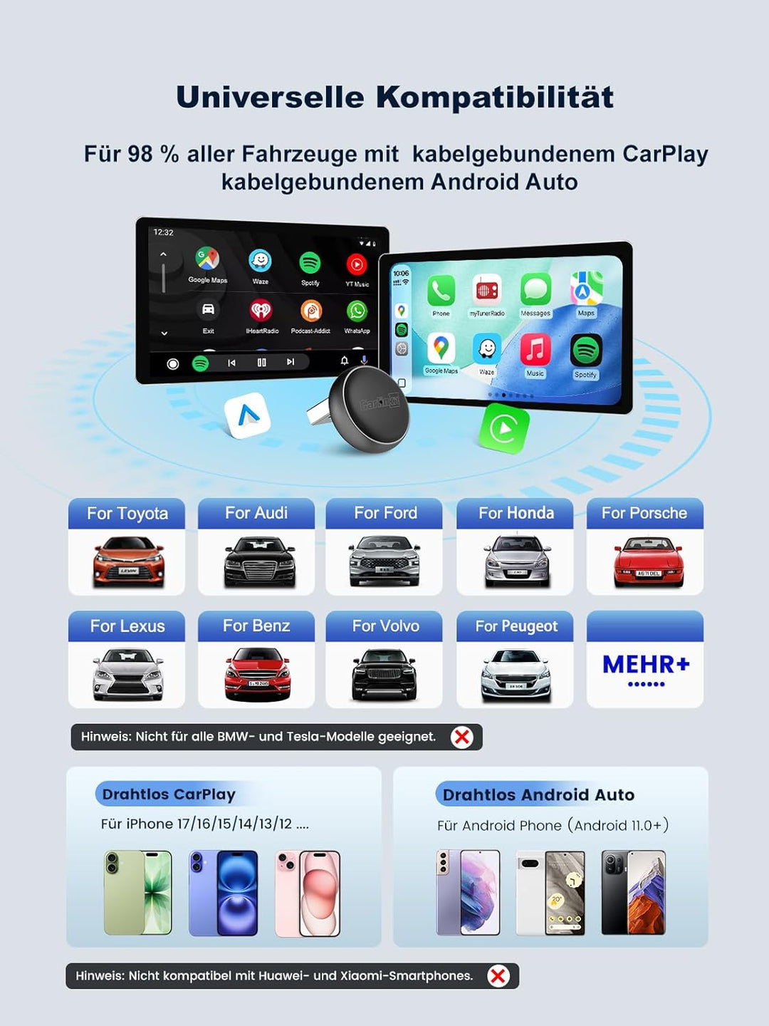 Carlinkit Mini Ultra Wireless CarPlay & Android Auto Adapter, Konvertieren Sie werkseitig kabelgebun
