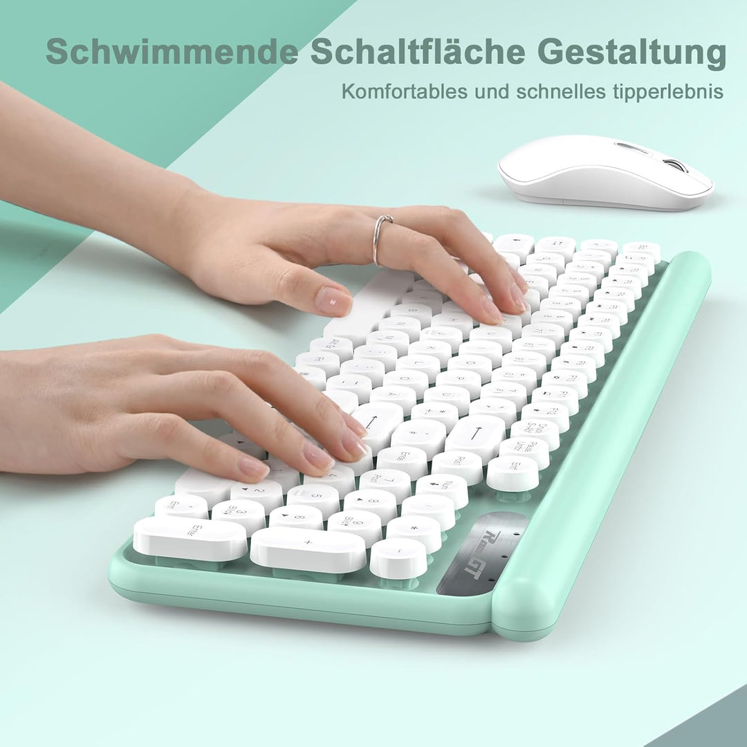 RaceGT Funk Tastatur Maus Set 2.4G Retro Rund QWERTZ Numblock Leise Kompakt Grün&amp;Weiss, Grün&amp;Weiss