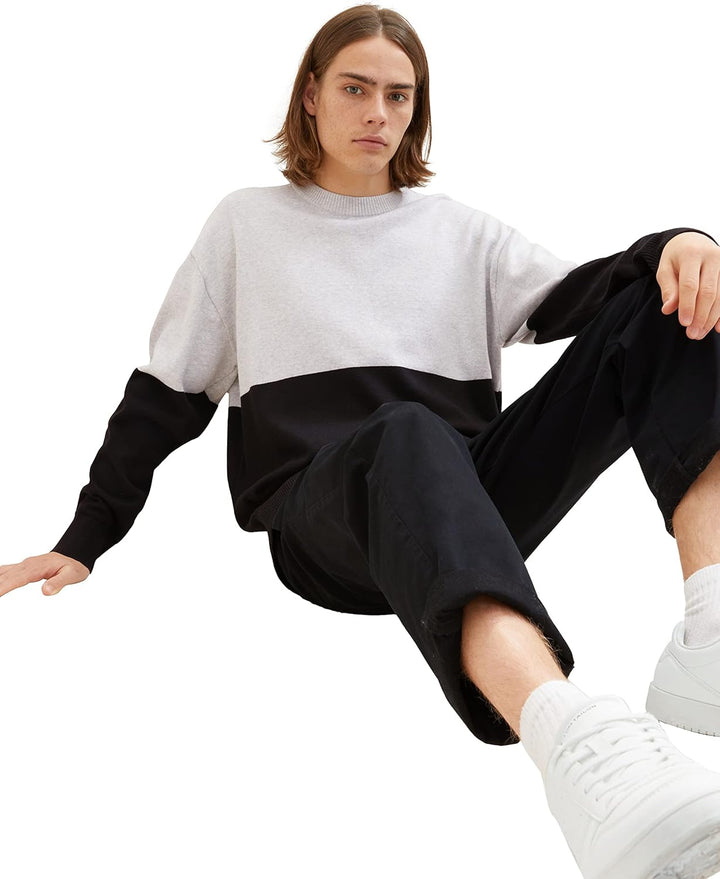 TOM TAILOR Denim Herren Denim Relaxed Fit Colorblock Pullover XL 33758 - Grey Black Color Block, XL