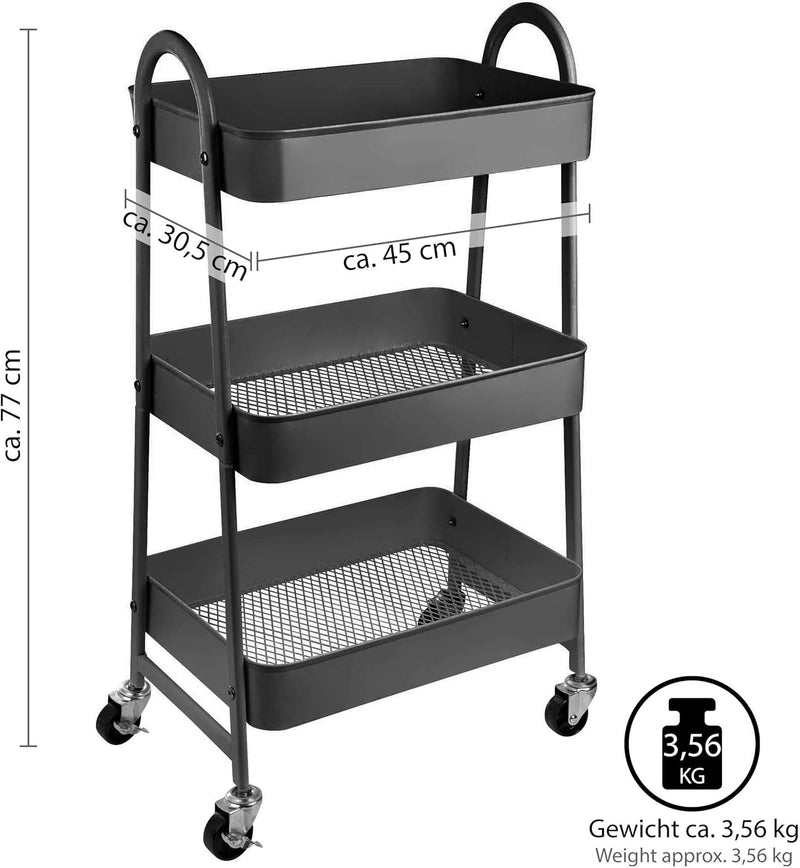 ONVAYA® Servierwagen Silvio | Beistellwagen | dunkelgrau | 30,5 x 45 x 77 cm | 3 Fächer | Multifunkt