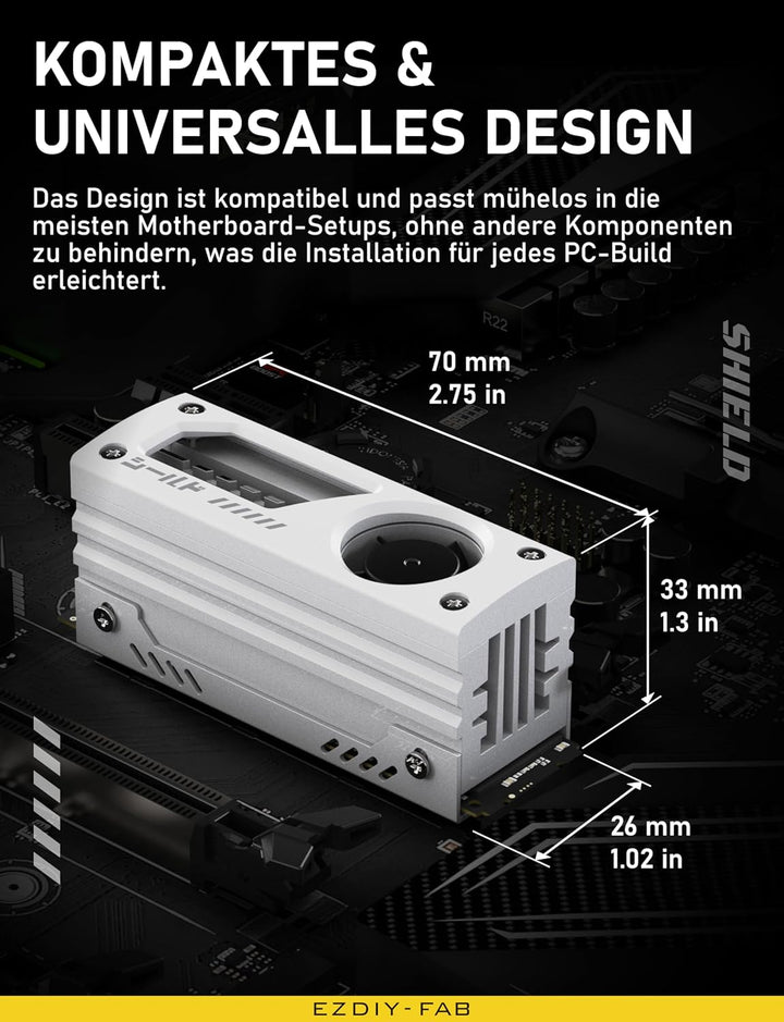 EZDIY-FAB Shield M.2 SSD-Kühlkörper mit eingebautem 20mm PWM-Lüfter, Premium-Aluminium-Design, Hochl