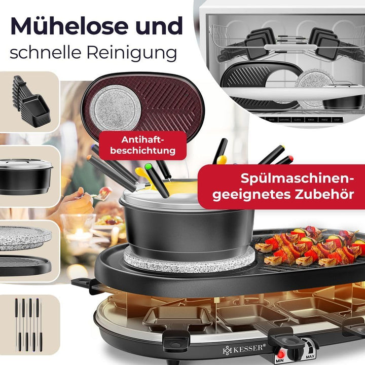 KESSER® 3in1 Raclette-Grill mit Naturgrillstein, Grillplatte und Fondue, Tischgrill für 8 Personen,