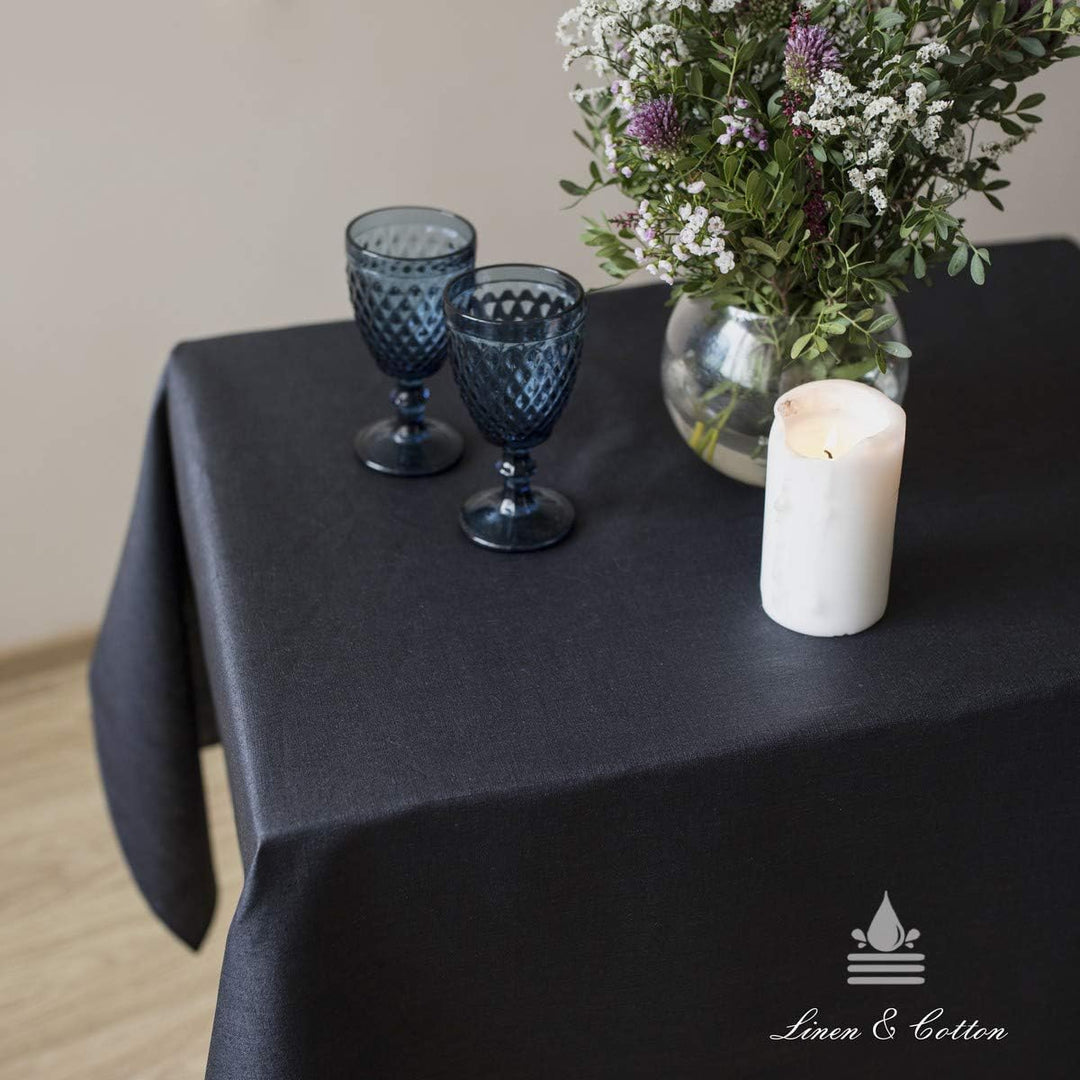 Linen & Cotton Tischdecke Wasserdicht Wachstuch Gartentischdecke Adele - 100% Leinen, Schwarz (147 x