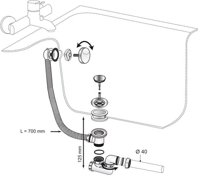 Wirquin SP5603 Ablaufgarnitur / Überlaufgarnitur mit Kabel und Siphon, chromfarben