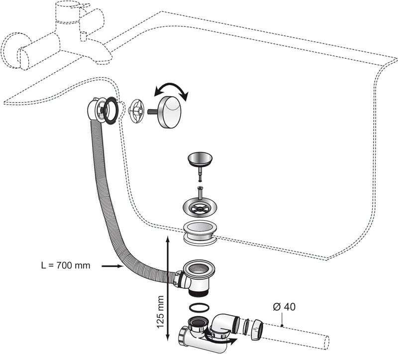 Wirquin SP5603 Ablaufgarnitur / Überlaufgarnitur mit Kabel und Siphon, chromfarben