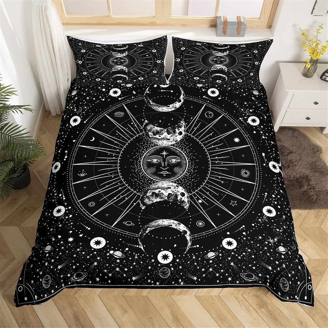 feelingyou Sonne Mond Bettwäsche-Set,Psychedelisch im Boho-Stil Bettwäsche Set 155x220cm,Schwarz und