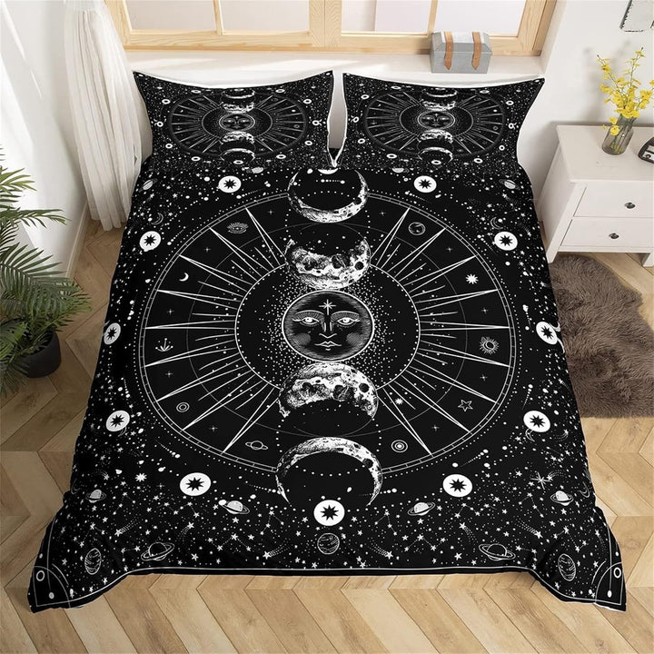 feelingyou Sonne Mond Bettwäsche-Set,Psychedelisch im Boho-Stil Bettwäsche Set 155x220cm,Schwarz und