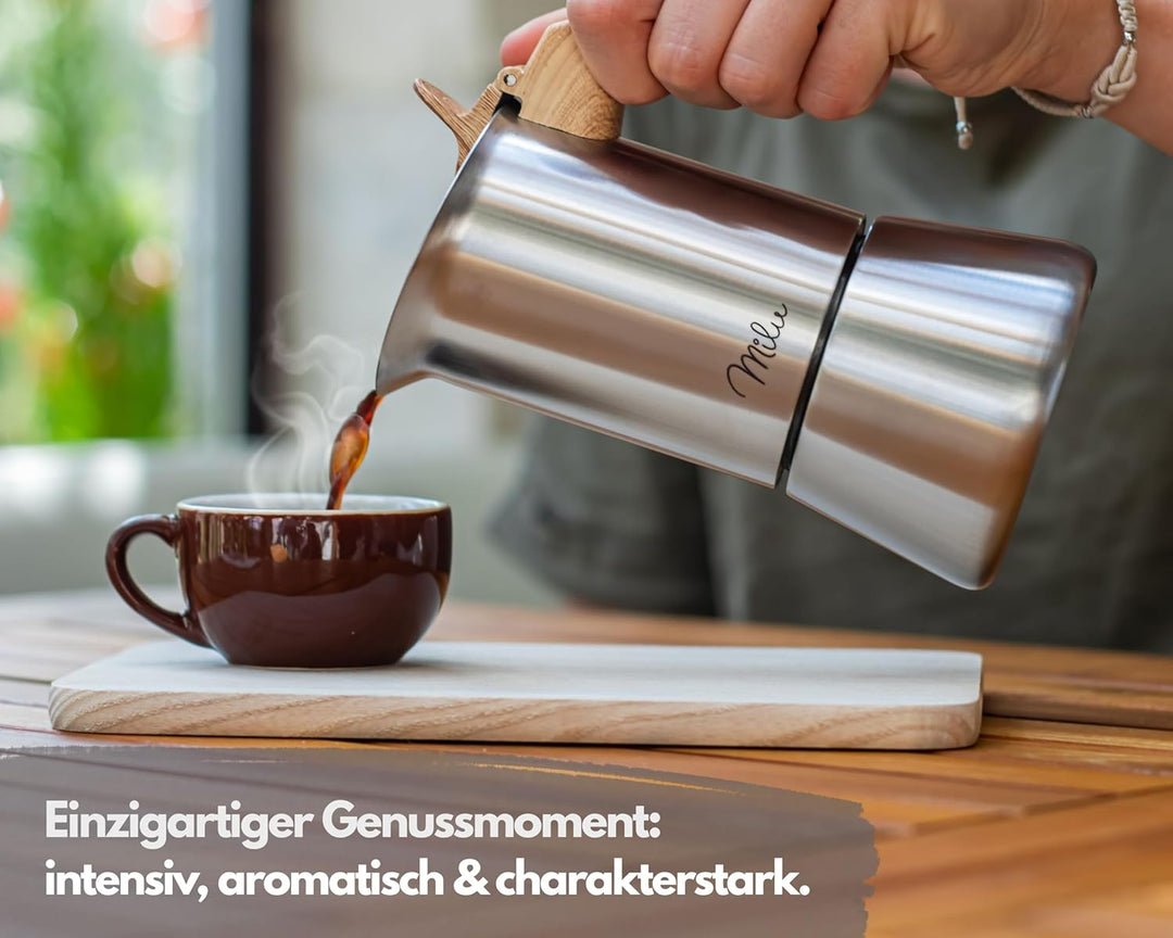 Milu Espressokocher (2 Cup No Induktion) | 2, 4, 6, 9 Tassen| Edelstahl Mokkakanne, Espressokanne, E