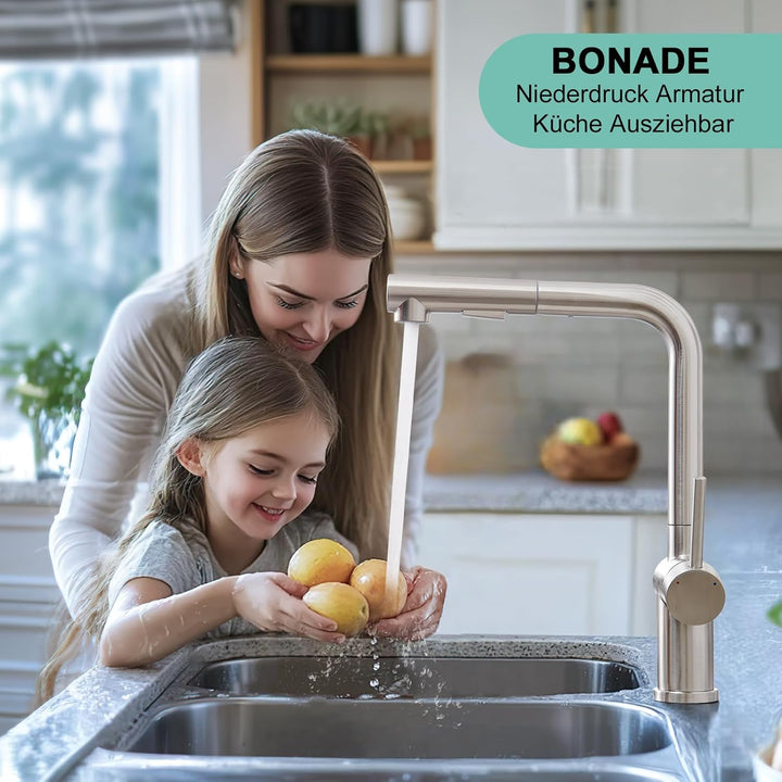 BONADE Wasserhahn Küche Ausziehbar, Hochdruck Küchenarmatur mit Brause 2 Strahlarten, 360° Drehbare