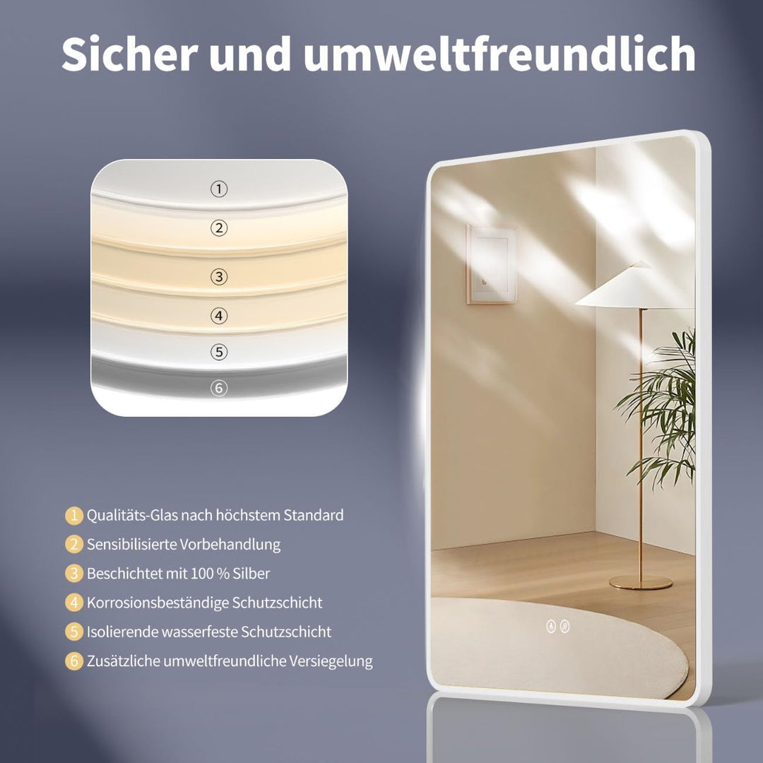 HOKO LED Badspiegel 50x70 cm / 70x50 cm Kansas mit Antibeschlag, Weisser Alurahmen, HOCH+QUER Montag