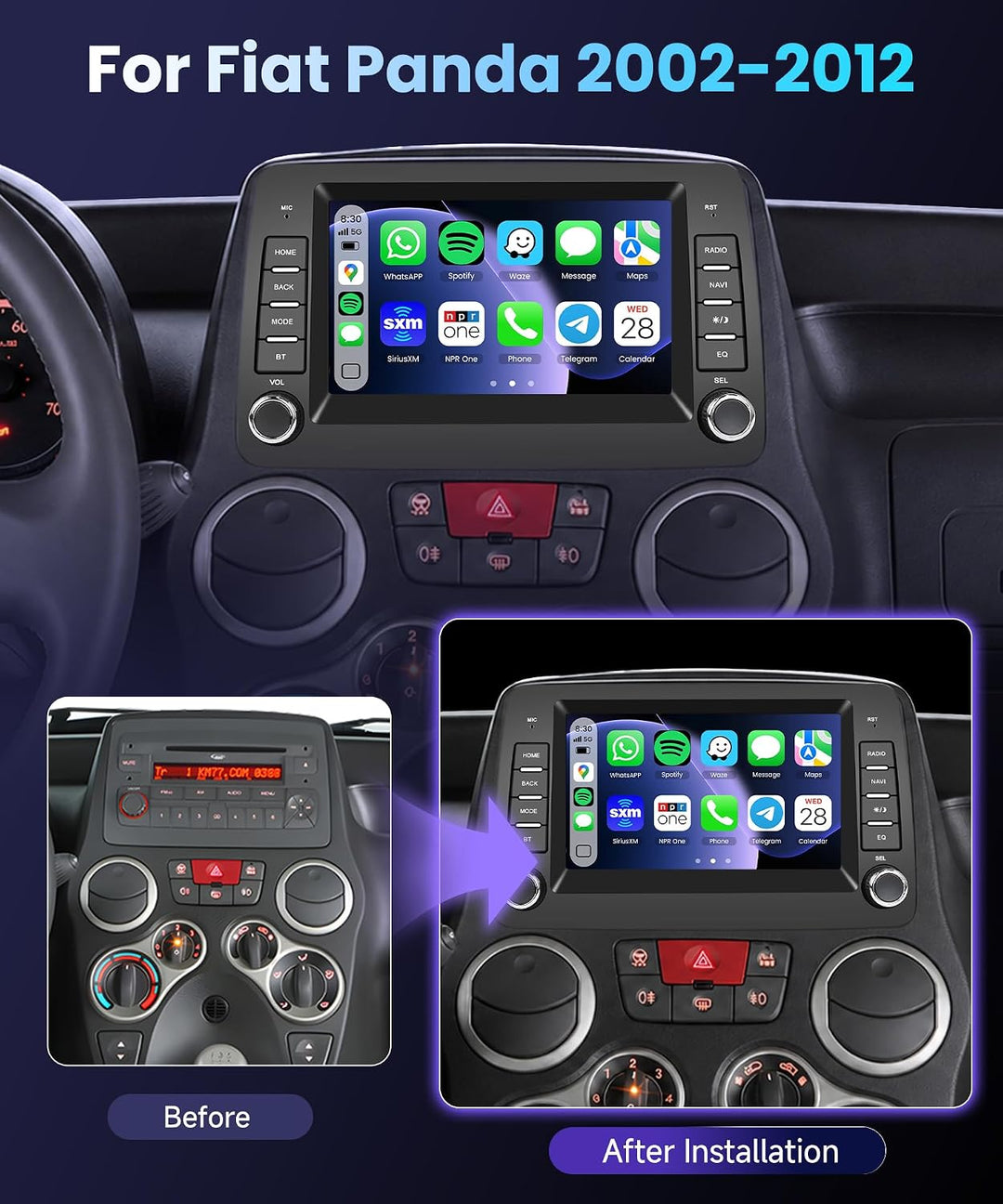 Carplay Autoradio für FIAT Panda 2002-2012 mit GPS, 2GB+64GB Car Stereo mit Wireless Android Auto Wi