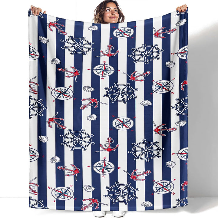 Kuscheldecke mit Maritime Streifen, Super weiches Fleece, Überwurfdecke für Bettwäsche Couch Sofa, S
