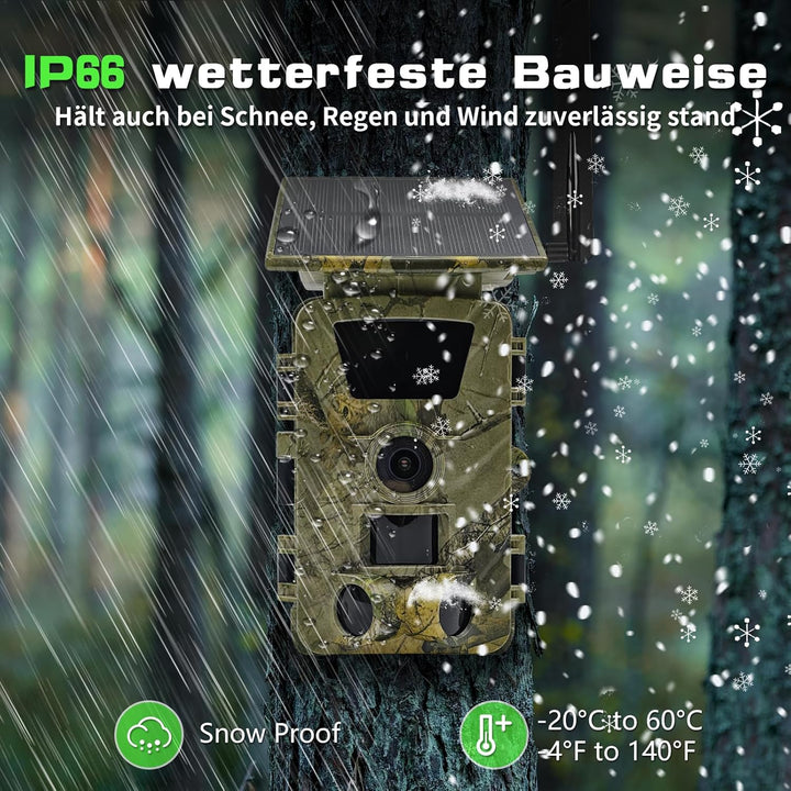 Wildkamera 4G-LTE mit Handyübertragung App, Wildkamera Solar mit Akku 5200mAh Wildtierkamera mit Bew